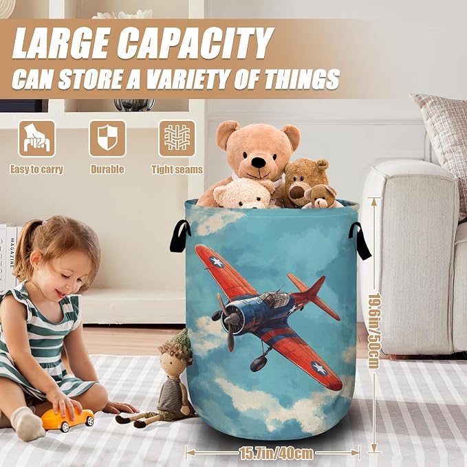 Vintage Airplane Laundry Basket, Foldable Laundry Hamper Tote Bag Dirty Clothes - Image 2