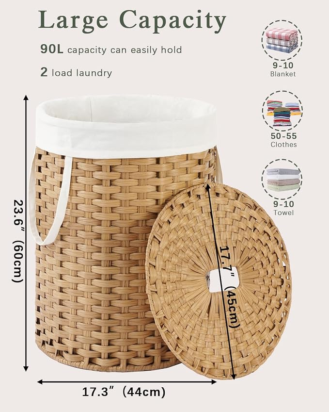 Laundry Hamper with Lid 23.8 Gal Round Laundry Basket with Lid Handwoven - Image 2