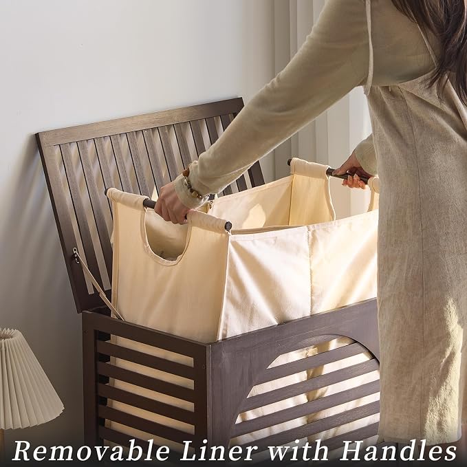 Laundry Hamper with Lid, Bamboo Clothes Laundry Basket with Handles, Removable - Image 4