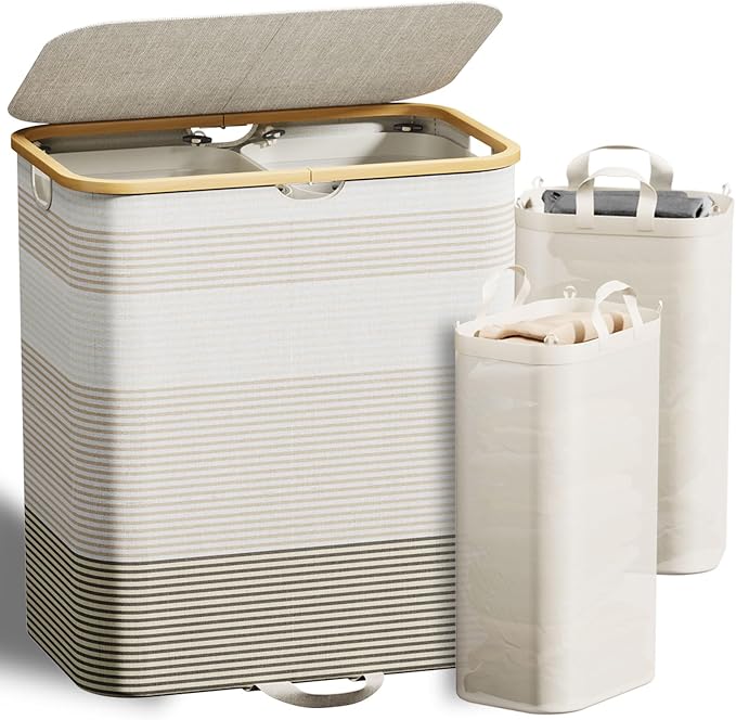 Double Laundry Hamper with Lid and Removable Bags, 150L Large Collapsible 2 by BetterbathroomwithXLHOME