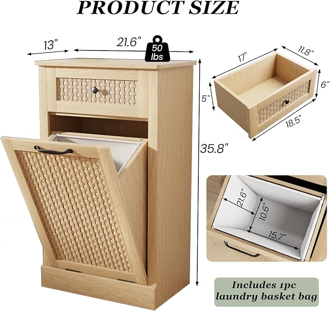 Tilt Out Laundry Hamper Cabinet, Rattan-Style Laundry Room Organization - Image 2