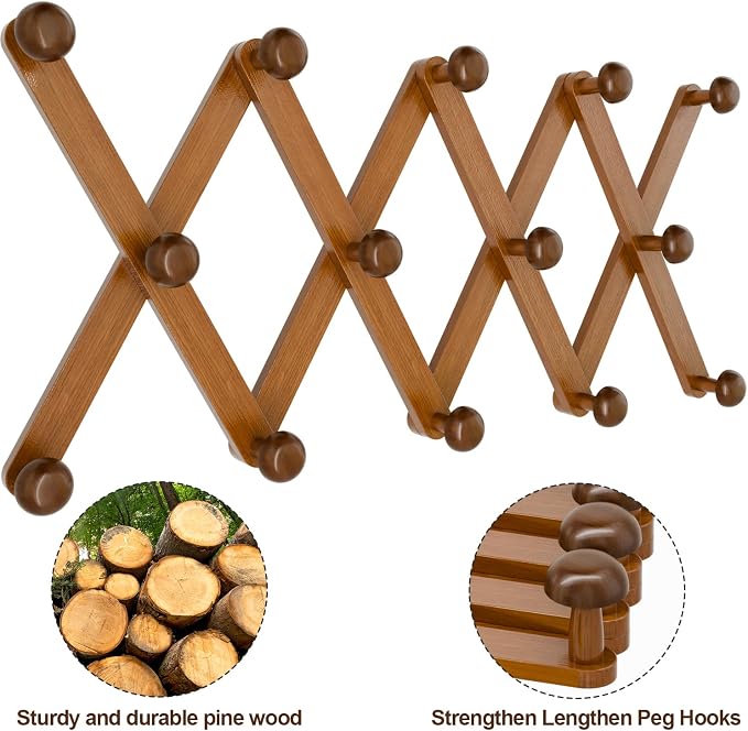 WGFKVAS Hat Rack for Wall with 14 Hooks, Solid Wooden, Expandable Coat Rack - Image 4