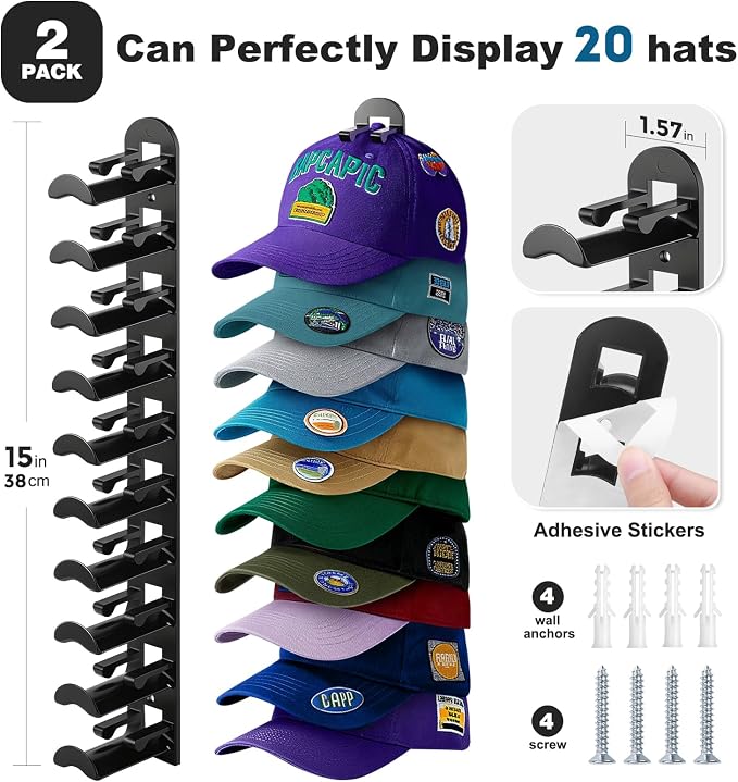 2 Pack Hat Organizer for Baseball Caps, Hat Rack for Wall Hold Up to 20 Hats - Image 2
