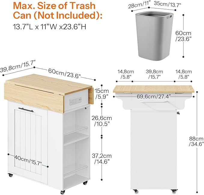 HOOBRO Kitchen Island with Trash Can Storage, Island Table with Drop Leaf - Image 3