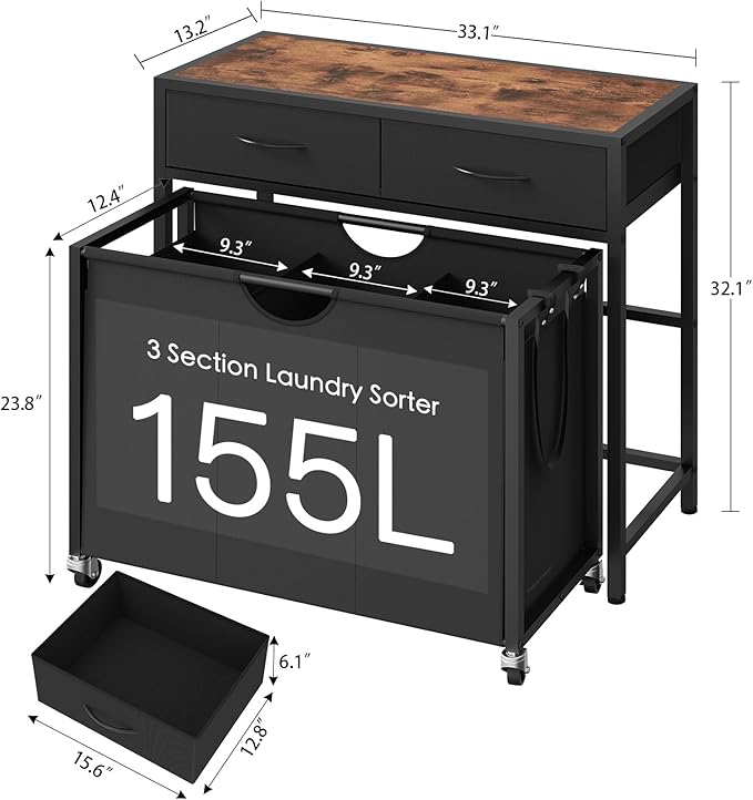 Laundry Sorter 3 Section with Tabletop & 2 Drawers, Rolling Laundry Hamper with - Image 7
