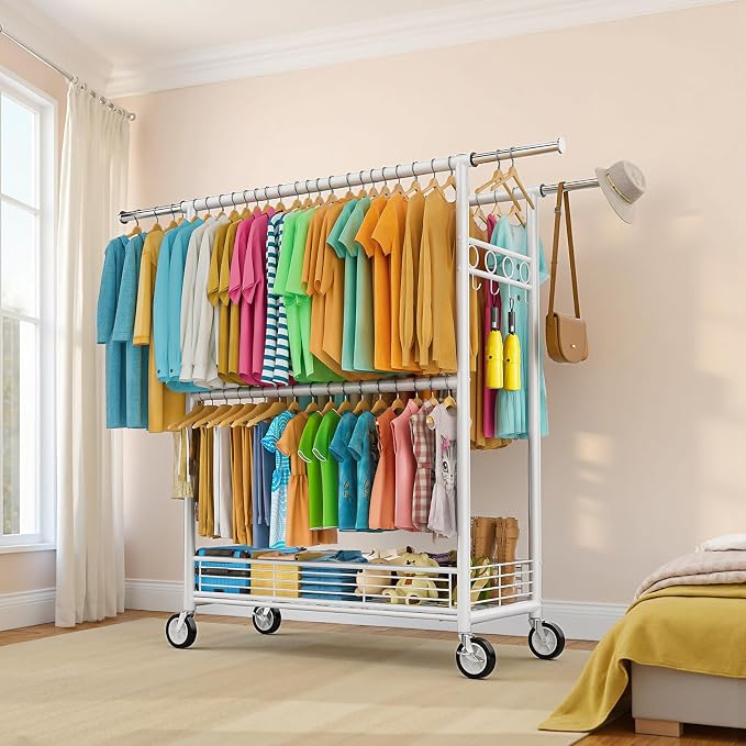 Heavy Duty Clothes Rack Load 960LBS, Three Rods Rolling Clothing Racks - Image 9
