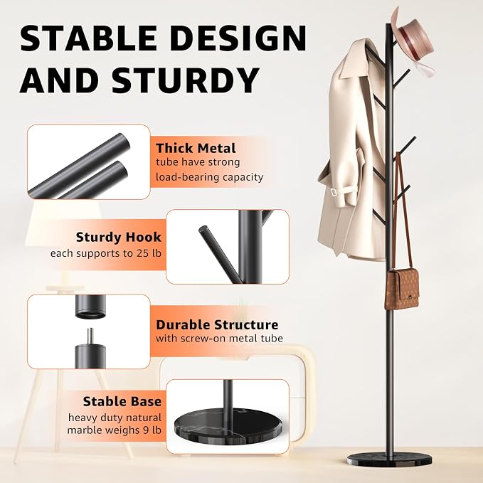 Coat Rack with Natural Marble Base, Metal Freestanding Coat Rack with 8 Hooks - Image 4