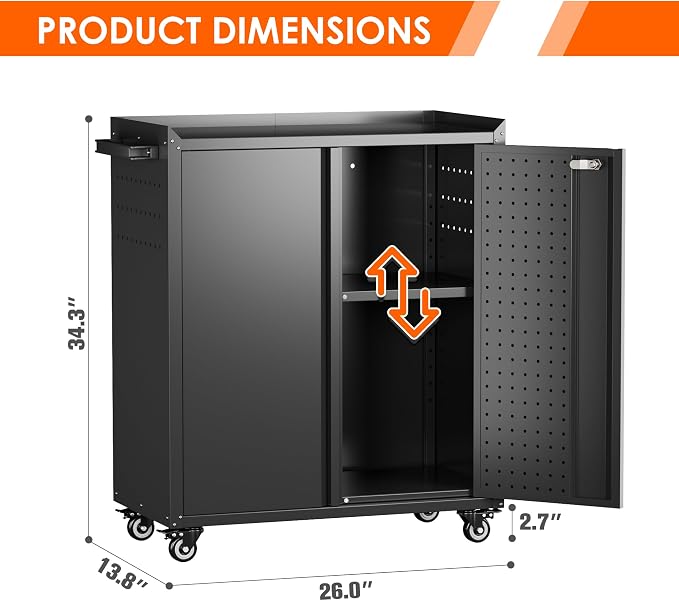 Garage Storage Cabinet with Wheels & Pegboard, 31.5" H Locking Metal Tool - Image 2
