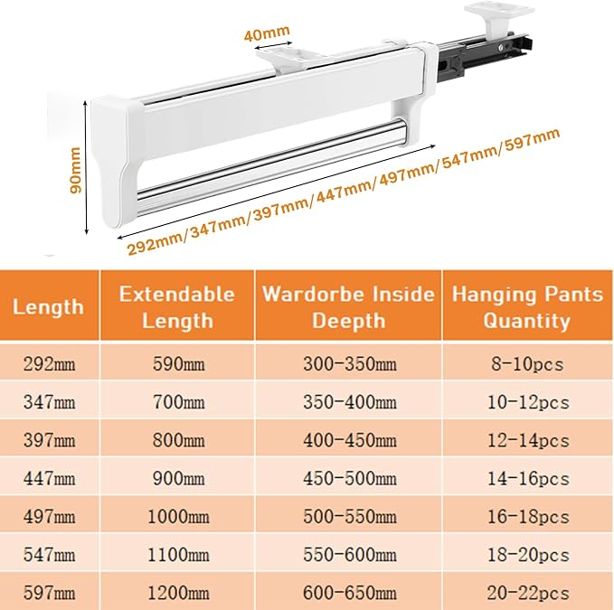 Pull Out Closet Valet Rod, Adjustable Sliding Heavy Duty Steel Top Mounted - Image 5