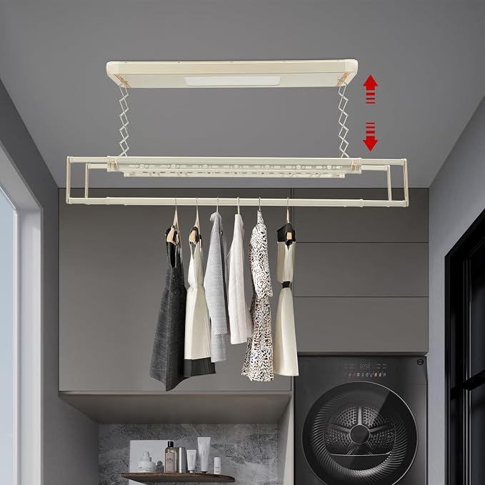 Electric Retractable Airing Rack Off-White Color, Ceiling Clothesline 77lbs Load - Image 4