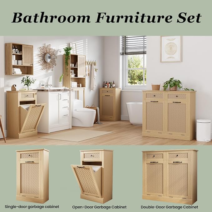 Tilt Out Laundry Hamper Cabinet, Rattan-Style Laundry Room Organization - Image 7