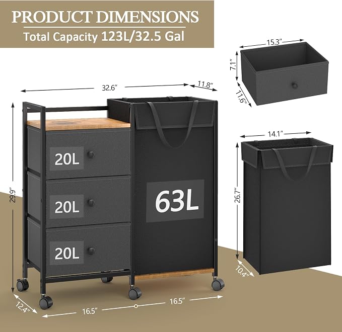 Laundry Hamper with Wheels, Laundry Sorter with Shelf and 3 Drawers, Total - Image 2
