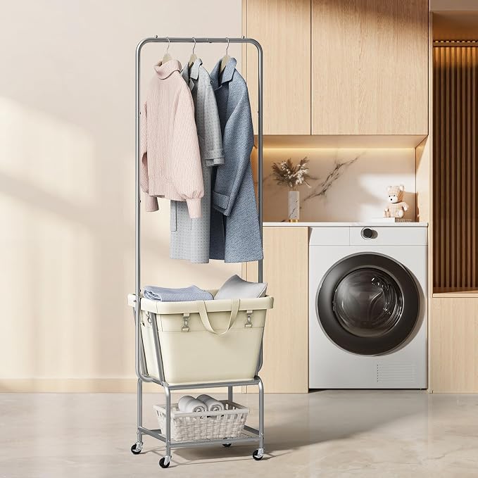 ELYKEN Laundry Cart with Hanging Rack, Rolling Laundry Hamper with Wheels - Image 8