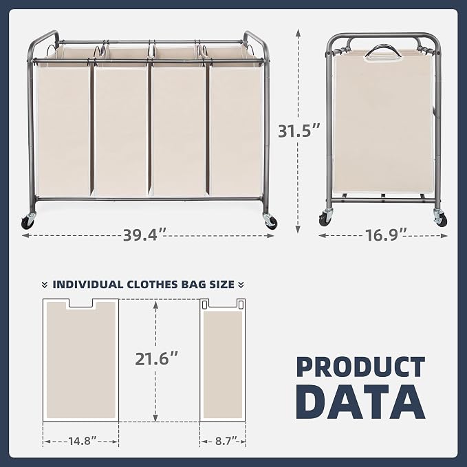 STO STO Laundry Sorter 4 Section, 4 Bag Clothes Hamper, Rolling Laundry Cart - Image 6