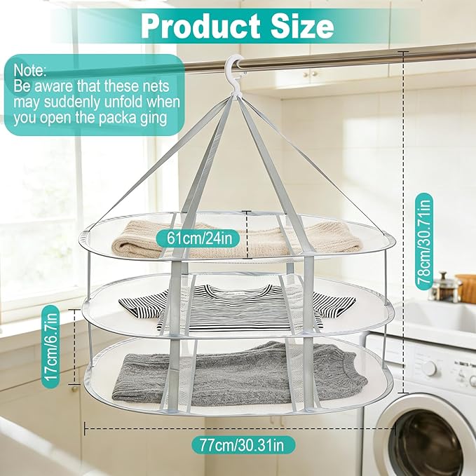 3-Tier Folding Mesh Clothes Drying Rack, Hanging Sweater Dryer - Image 5