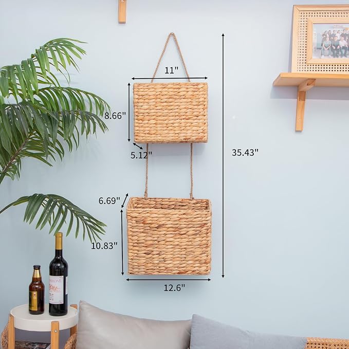 YAHUAN Woven Water Hyacinth Hanging Basket 2-Tiered Rectangular Storage Baskets - Image 3