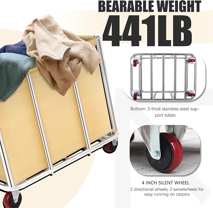 Commercial Laundry Cart with Wheels, 11.35 Bushels Large Roller with Removable - Image 3