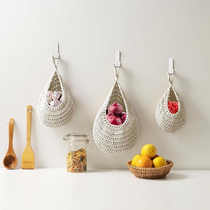 Hanging Fruit Large Basket Set of 3, Boho Wall Hanging Storage Basket - Image 5