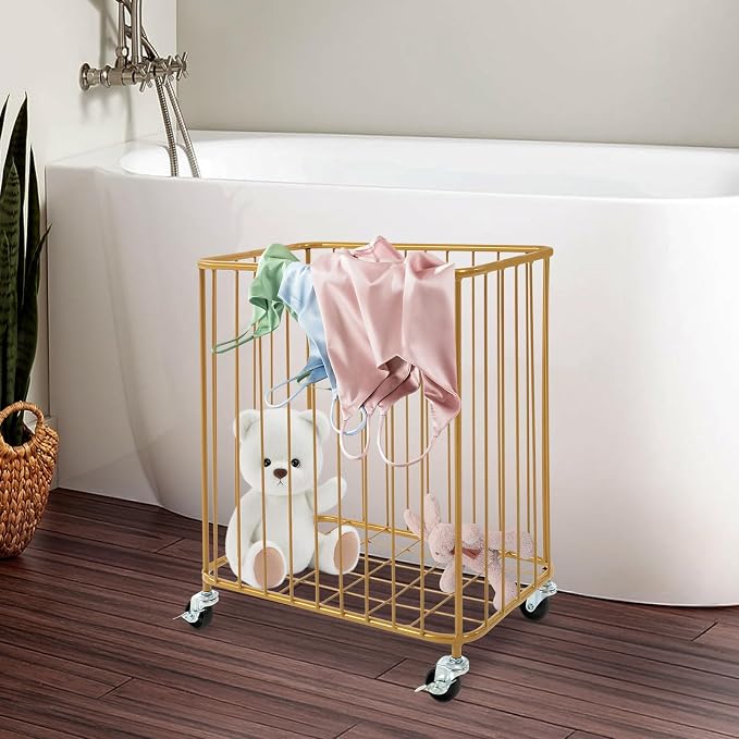 Metal Laundry Basket w/Wheels & Brakes Large Rolling Laundry Cart - Image 6