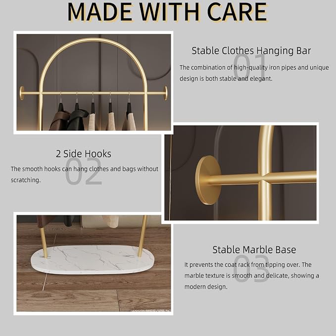 TIEOU Metal Gold Coat Rack, Freestanding Entryway Stand, Hat Coat Hanger - Image 4