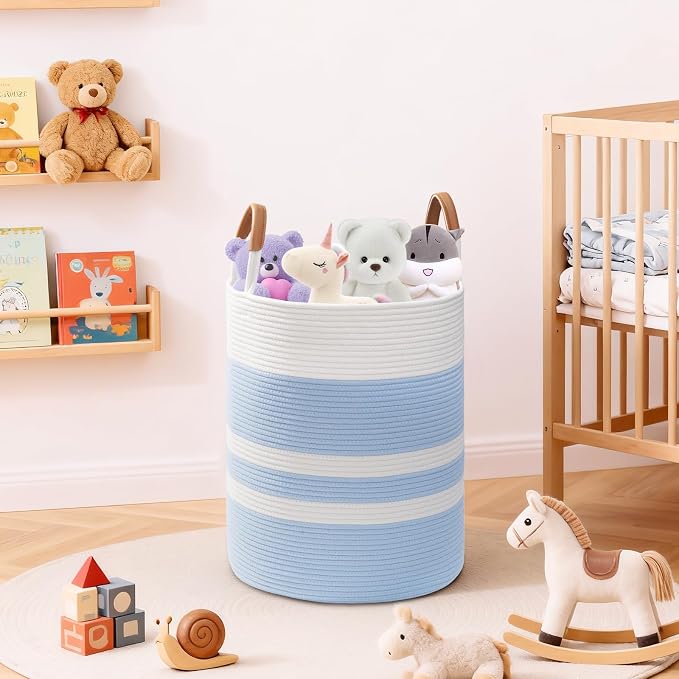 60L Striped Laundry Basket, Woven Cotton Rope Storage Bin - Image 5