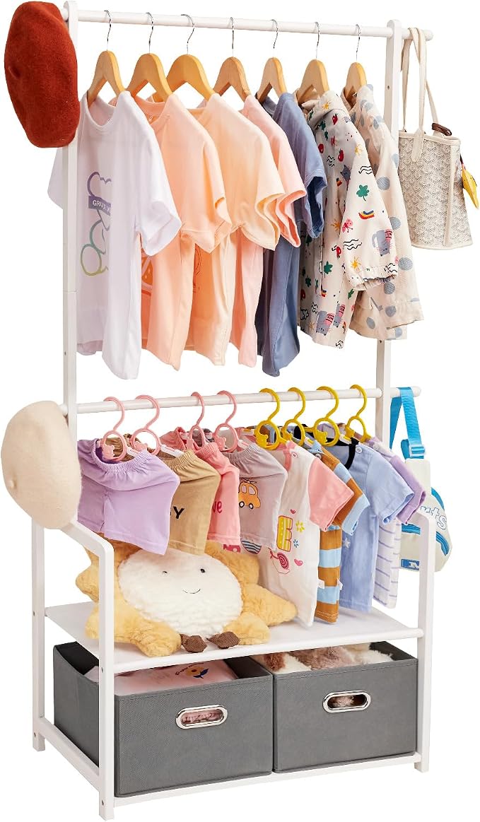 Kids Clothing Rack Bamboo with 2 Storage Baskets and 2 Adjustable Hanging Rods by Vilaxing
