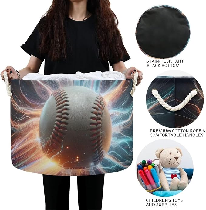Baseball Print Round Storage Basket Sport Lightning Ball Large Laundry Hamper - Image 4