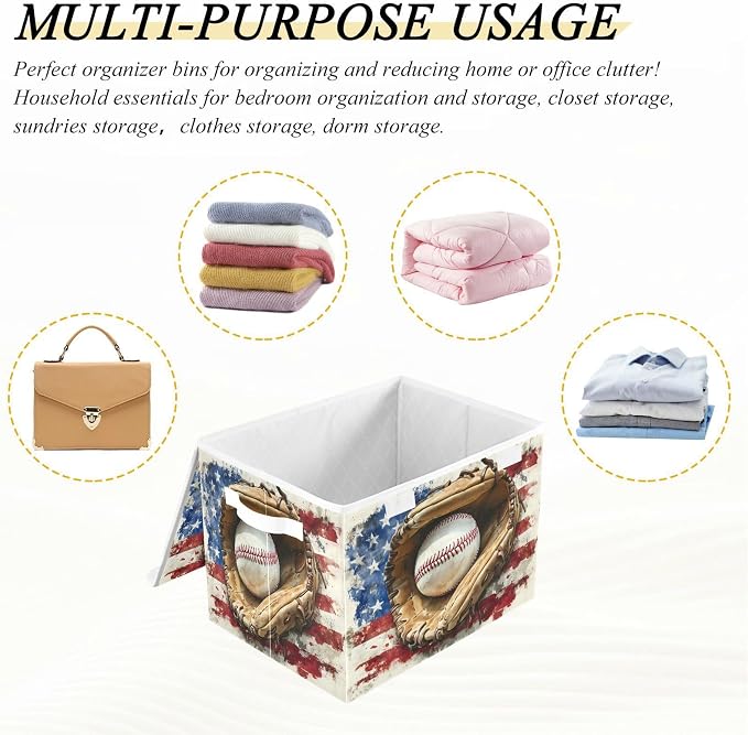 Storage Bin with Lid American Flag Baseball Gloves Storage Box Basket Large - Image 7