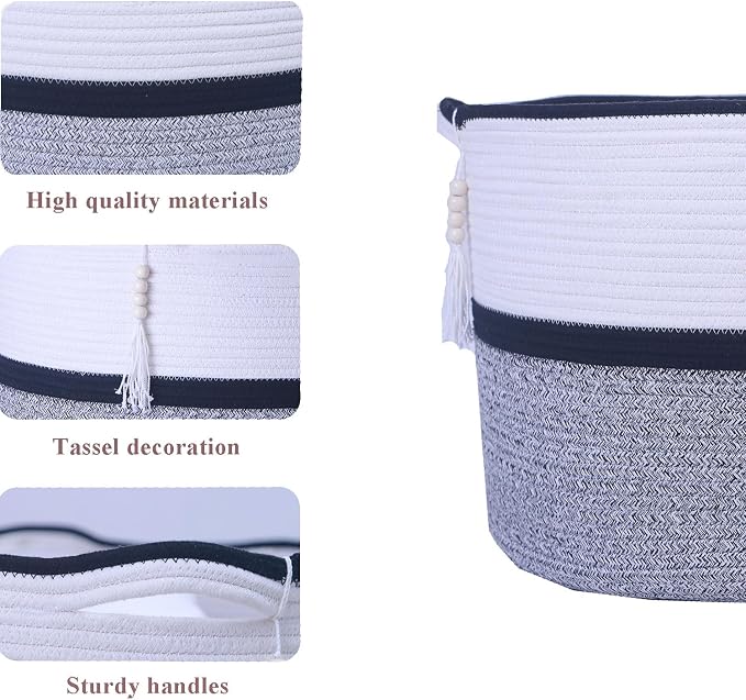 Large Woven Rope Laundry Hamper, Cotton Rope Storage Basket - Image 4