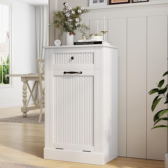 Tilt Out Laundry Hamper Cabinet, Rattan-Style Laundry Room Organization - Image 3