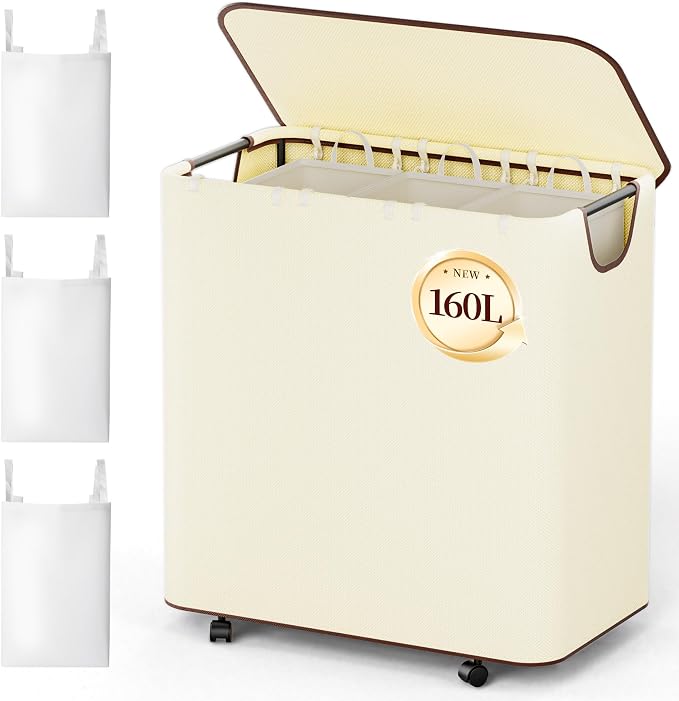 LAMU 160L Laundry Basket with Wheels, Rolling Laundry hamper with Lid and 3 by YourHome-OrganizationHelper