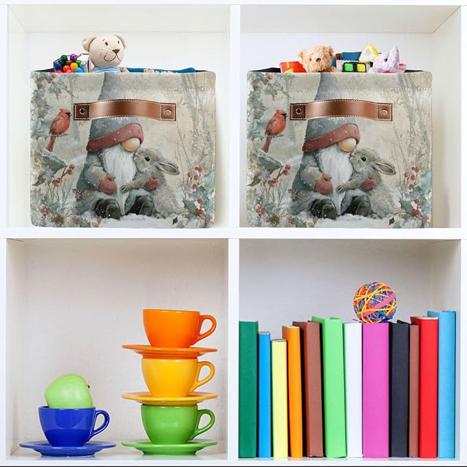 White Rabbit Gnome Christmas Print Rectangular Storage Bin Basket - Image 6
