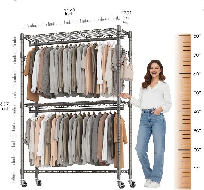 BATHWA Heavy Duty Garment Rack on Wheels, Rolling Clothes Racks - Image 4