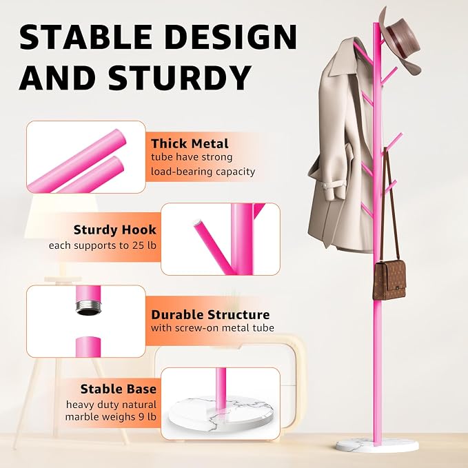 Coat Rack with Natural Marble Base, Metal Freestanding Coat Rack with 8 Hooks - Image 5