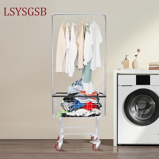 Wire Laundry Cart with Hanging Rack, Wire Laundry Basket With Wheels - Image 6