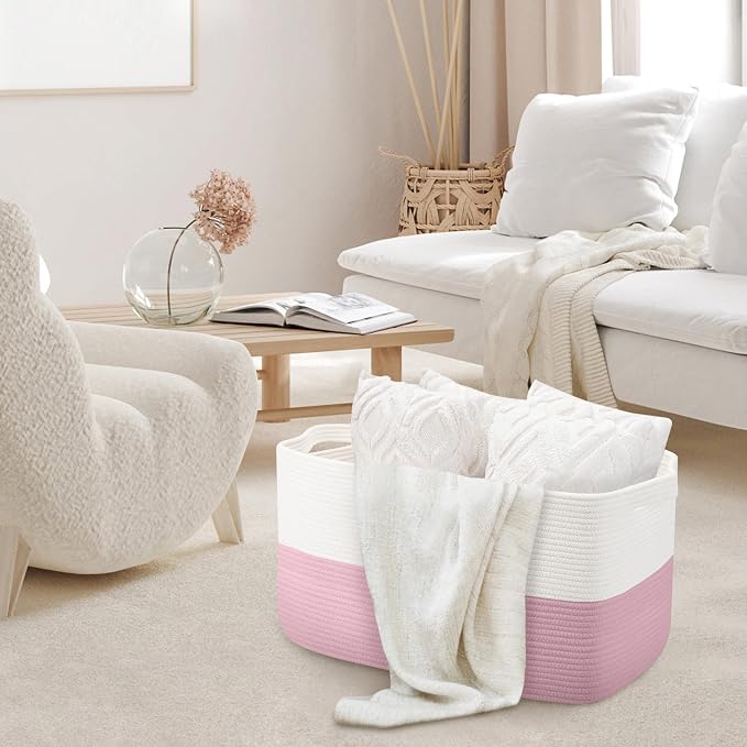 Large Pink Storage Basket, Woven Blanket storage - Image 3