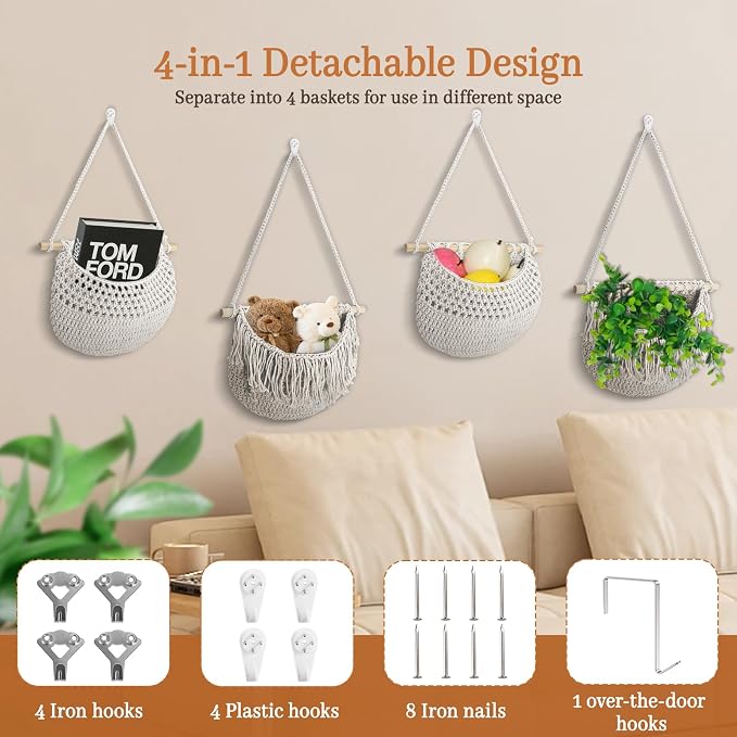 4 Tier Hanging Fruit Basket for Kitchen, 4 Pack Detachable Cotton Crocheted - Image 3