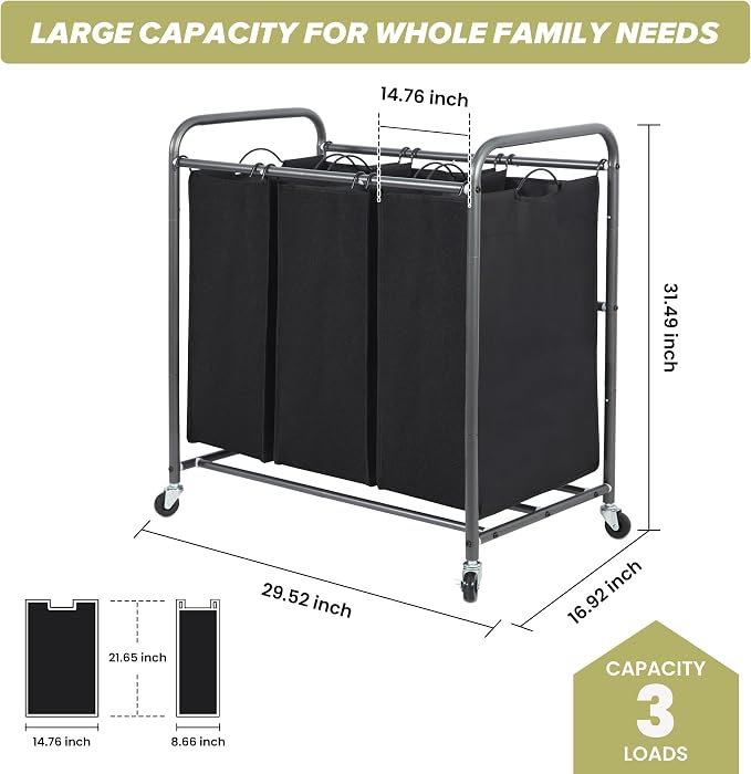 Laundry Sorter Hamper with Wheels, Heavy-Duty Laundry Sorter Rolling Cart - Image 3