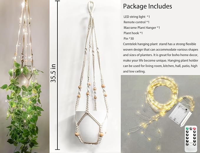 Comtelek Hanging Planter with Lights Indoor Macrame Plant Hanger Basket with - Image 2