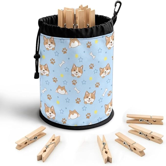 Clothespin Storage Bag with Hooks & Drawstring Closure Corgi Pet Paw Space by Unknown