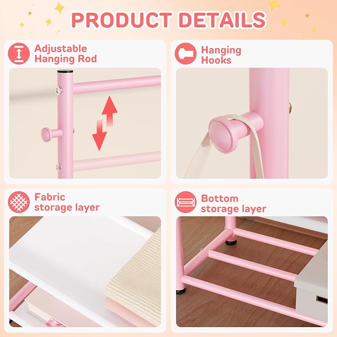 Kids Clothing Rack with 2-Layer Storage Shelf and 2 Adjustable Hanging Rods - Image 6