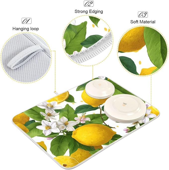 Yellow Lemon and White Flower Dish Drying Mat Super Absorbent Drying Mat 18x24 - Image 4