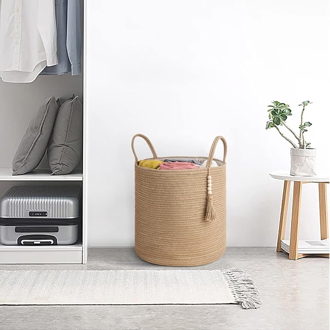 Mkono Tall Wicker Laundry Basket Woven Storage Basket Decorative Natural Rope - Image 2