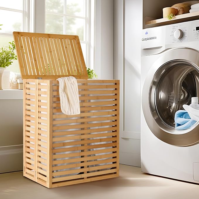 Bamboo Laundry Hamper with Lid and 2-Section Liner Foldable Wicker Laundry by WZONICE98