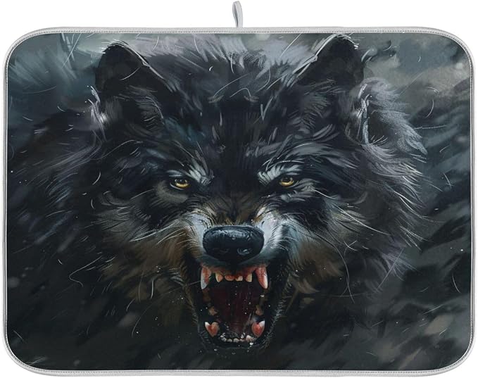 Vivid Print Kitchen Countertop Dish Drying Mat, Angry Howling Wolf Absorbent by Unknown
