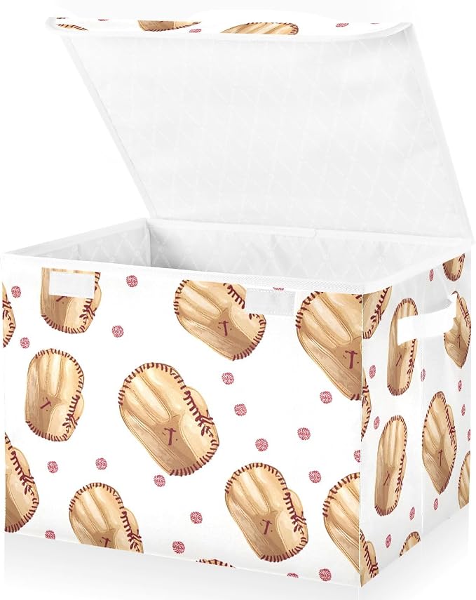 Storage Bin with Lid Baseball Gloves Pattern Storage Box Basket Large by ZOEO