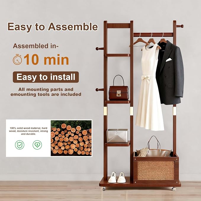 Solid Wood Clothes Rack with Wheels, Freestanding Coat Rack with 4 Shelves - Image 6