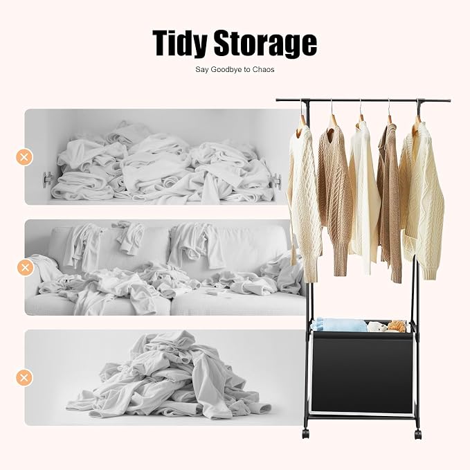 Laundry Cart with Hanging Rack, Laundry Sorter with Hanging Bar and 4 Wheels - Image 5