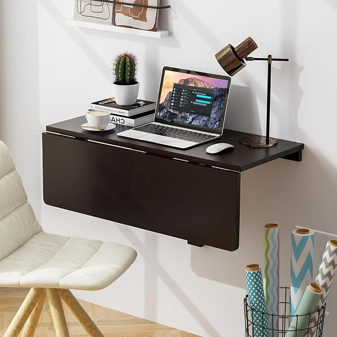Giantex Wall Mounted Folding Table, 31.5" x 23.5" Wood Murphy Desk, Drop-Leaf - Image 2