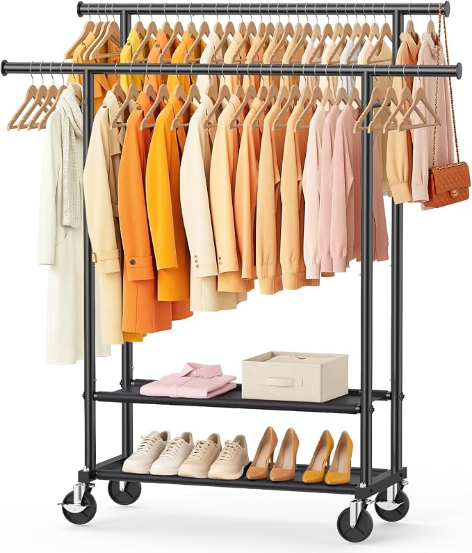 Double Rods Clothes Rack, Rolling Clothing Rack by WATIOWL